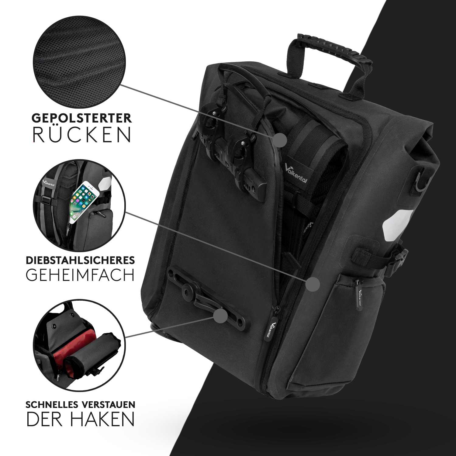 Valkental ValkPro 3in1 Fahrradtasche - Schwarz