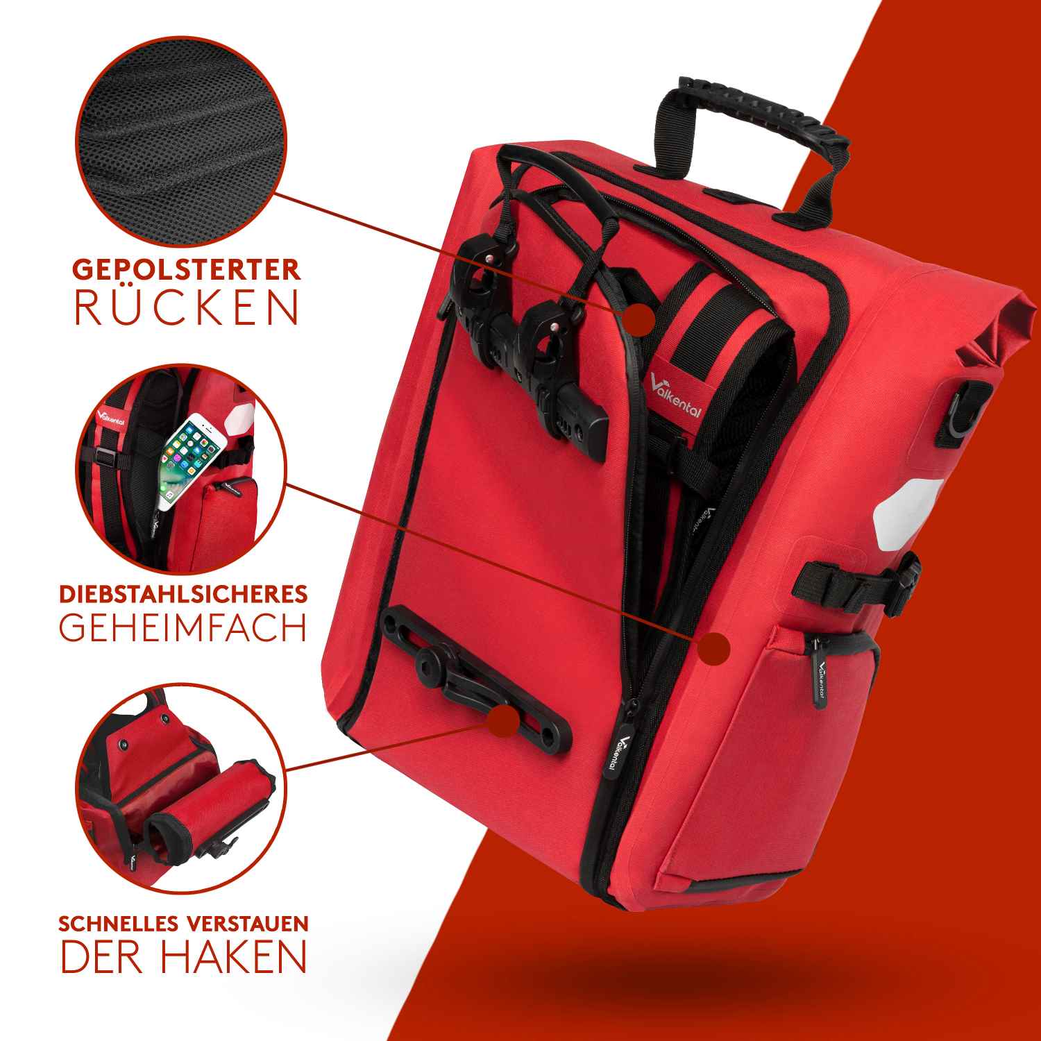 Valkental ValkPro 3in1 Fahrradtasche - Rot